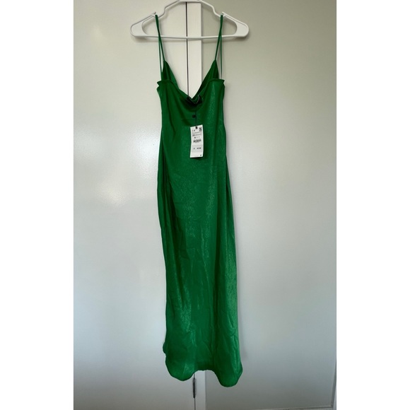Zara Green Silk MIDI Dress With Slit NWT - Picture 6 of 7